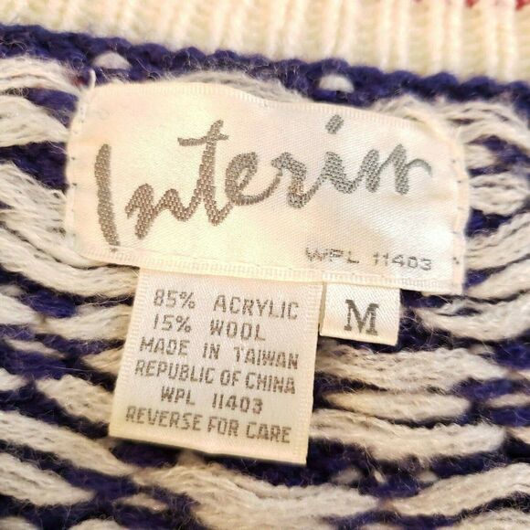 Vtg Interim M Blue White Red Fair Isle Ski Sweater - Picture 5 of 6